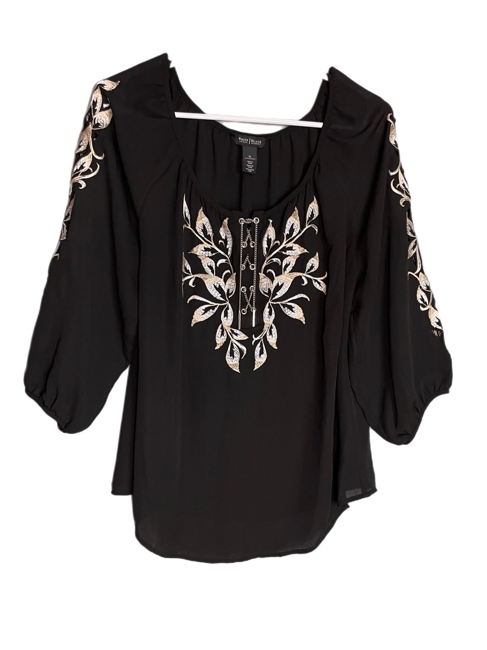 White House Black Market Embroidered Sheer Blouse Lace Up Chain Bust Size M